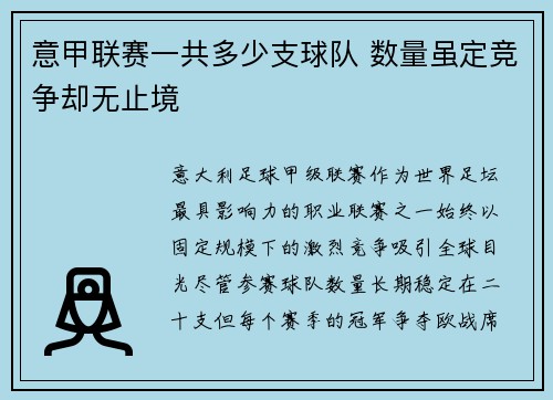 意甲联赛一共多少支球队 数量虽定竞争却无止境