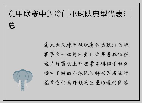意甲联赛中的冷门小球队典型代表汇总